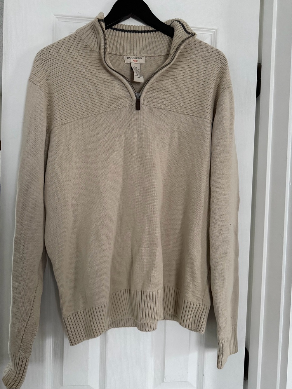 Dockers Men's Beige Cream Quarter Zip Casual Comfy Fall Sweater, Large
